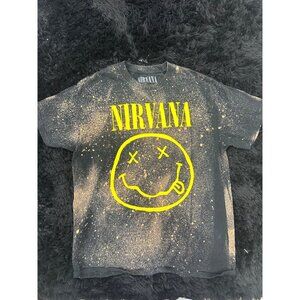 Nirvana Bleach Splatter Graphic T-Shirt M Black & Yellow Smiley Face 100% Cotton